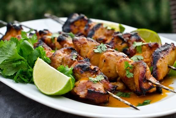 Honey, Lime, Siracha Chicken Skewers and Peanut Sauce