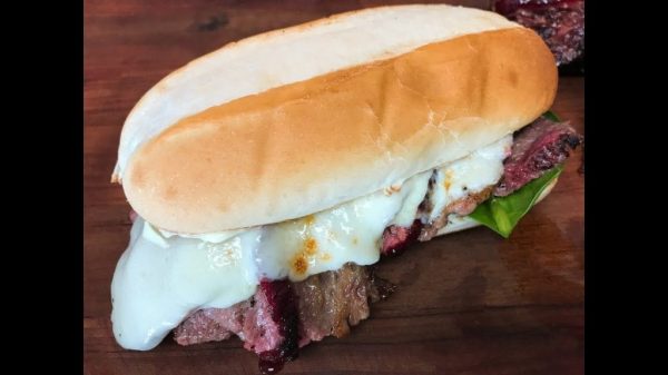 Marinated Tri-Tip Sandwich with Caramelized Onions and Horseradish Cream Sauce