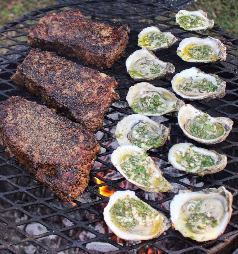 Cowboy Rib-Eyes with Smoked Shallot Butter and Barbecued Oysters
