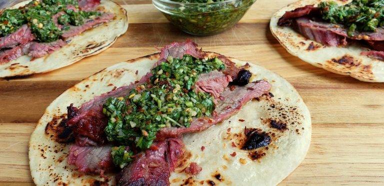 Flank Steak Tacos with Garlicky Cilantro Chimichurri