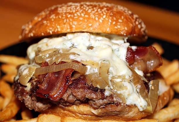 Bacon Blue Cheese Burger with Caramelized Onions