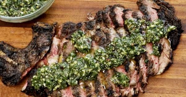 Grilled Steak and Shrimp with Green Beans, Tomatoes and Chimichurri
