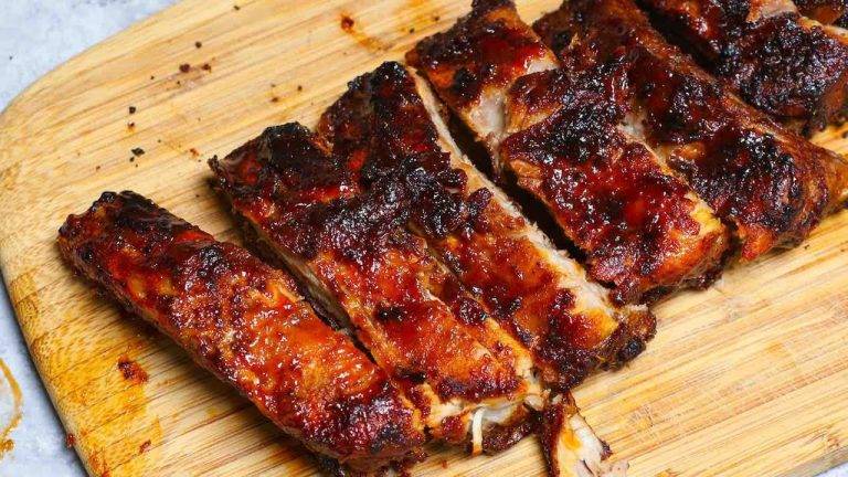 Air Fryer Ribs with Smoky Bourbon-Peach BBQ Sauce