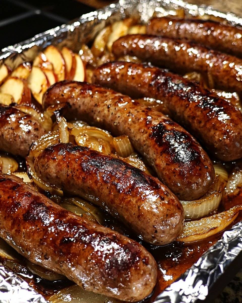 Oven Braised Beer Brats with Caramelized Onions & Apples
