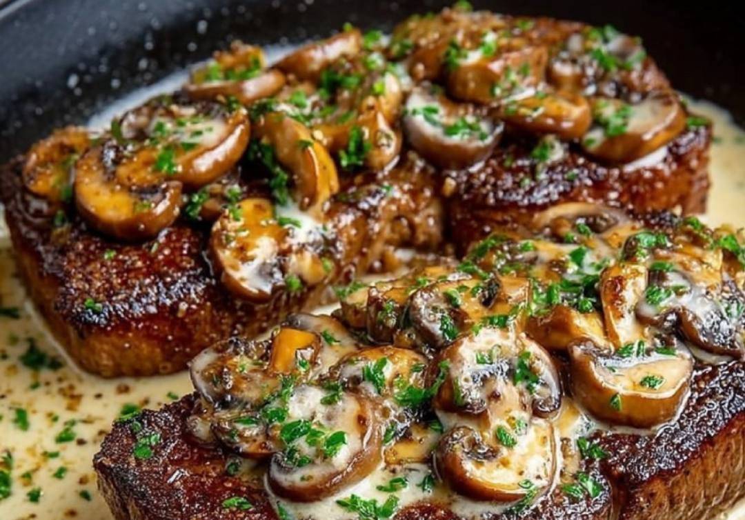 Pan-Seared Garlic Butter Steak with Mushroom Cream Sauce