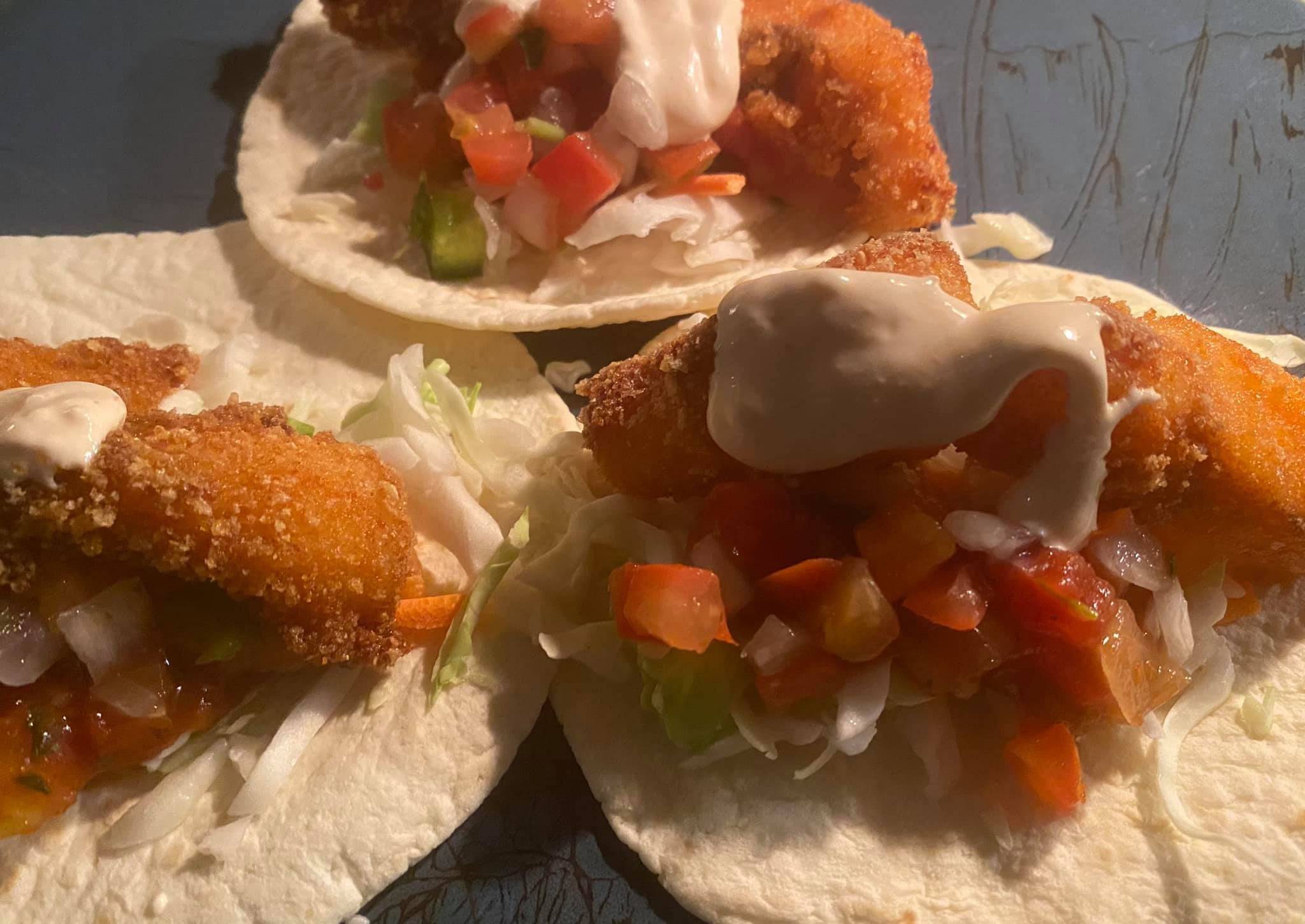 Beer Battered Fish Tacos with Pickled Onions & Cucumber