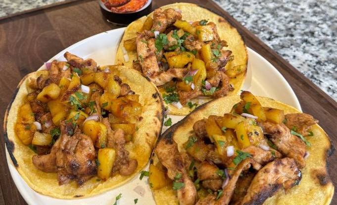 Teriyaki Chicken Tacos with Pineapple-Pear Salsa