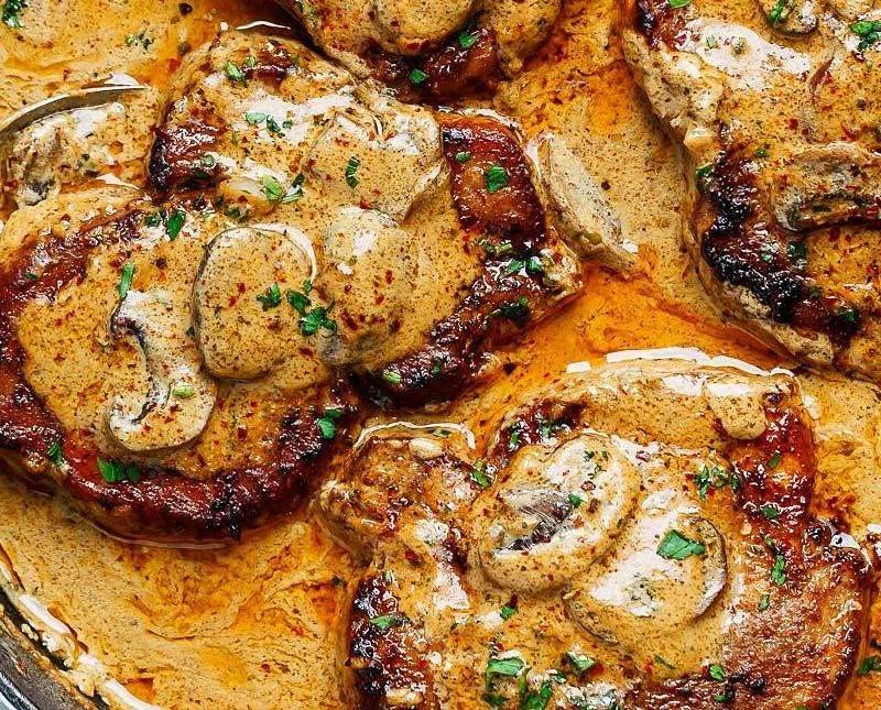 Garlic Pork Chops (or steaks) in a Creamy Mushroom Sauce